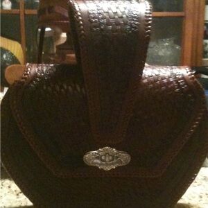 Chic Brown Woven Handbag with Silver Detail
